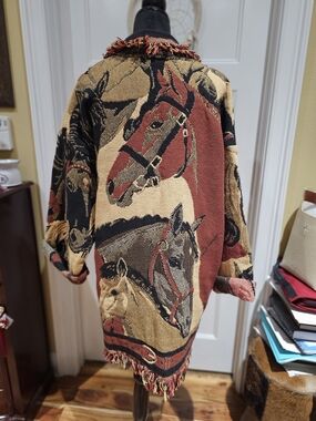 Equestrian-Print Sweater Coat in Rust & Tan